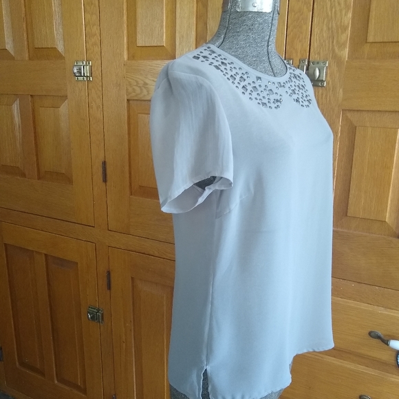 Lucca Couture gray studded collar sheer chiffon short sleeve top - Picture 10 of 12